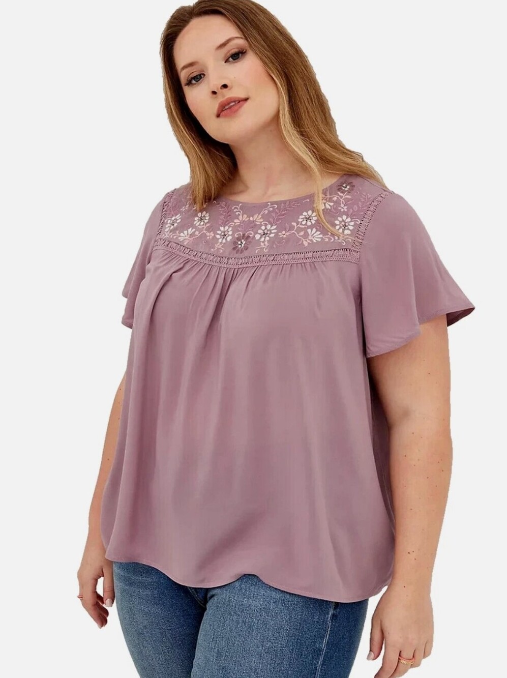 Torrid 2 Lavender Purple Embroidered Scoop-Neck Boho Floral Tunic